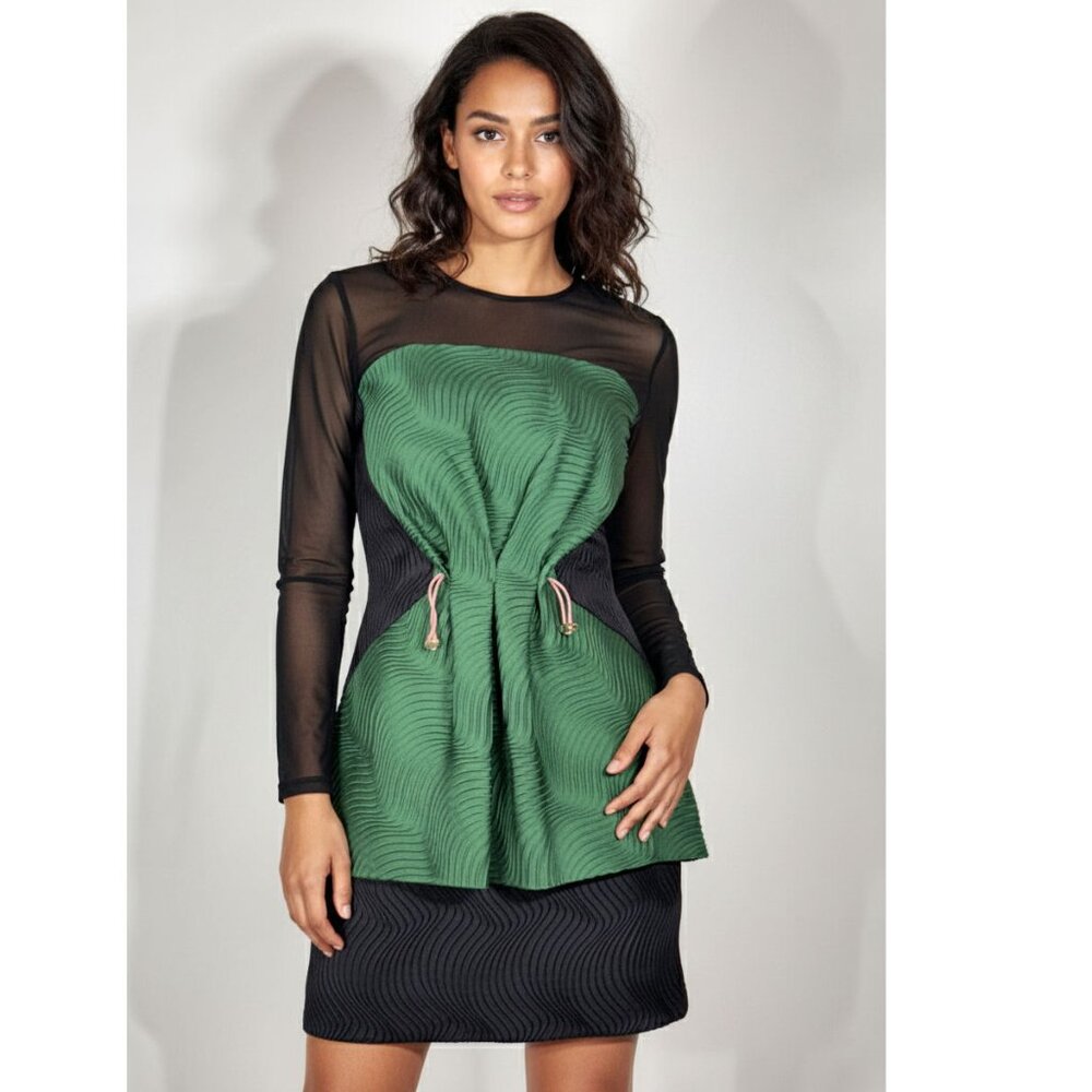 Mary Katrantzou Eilate Black/Green Mini Cinched Dress Womens Size 6 US